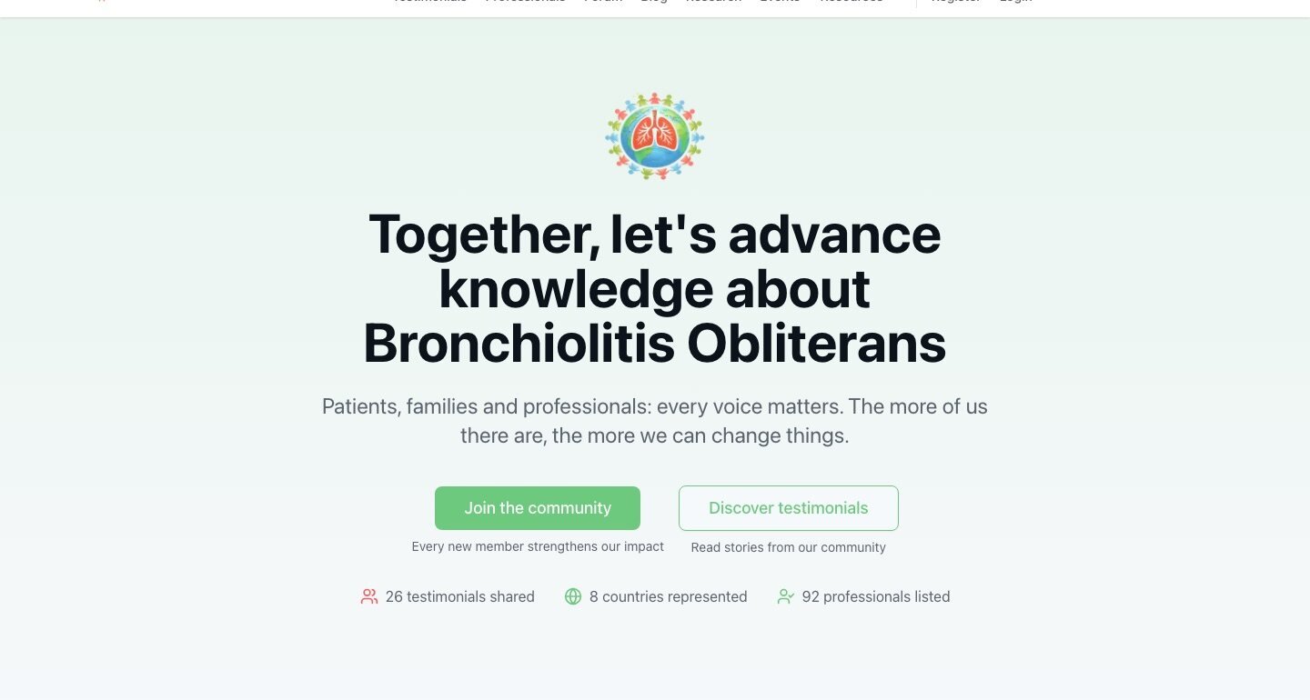 Home page of BO Community, the support community for bronchiolitis obliterans