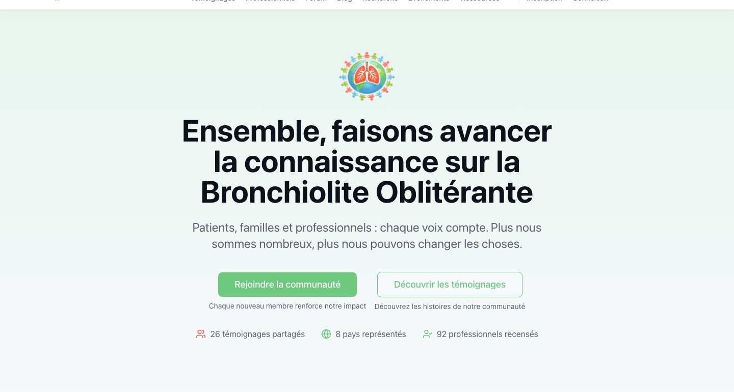 Page d’accueil de BO Community, la communauté d’entraide sur la bronchiolite oblitérante