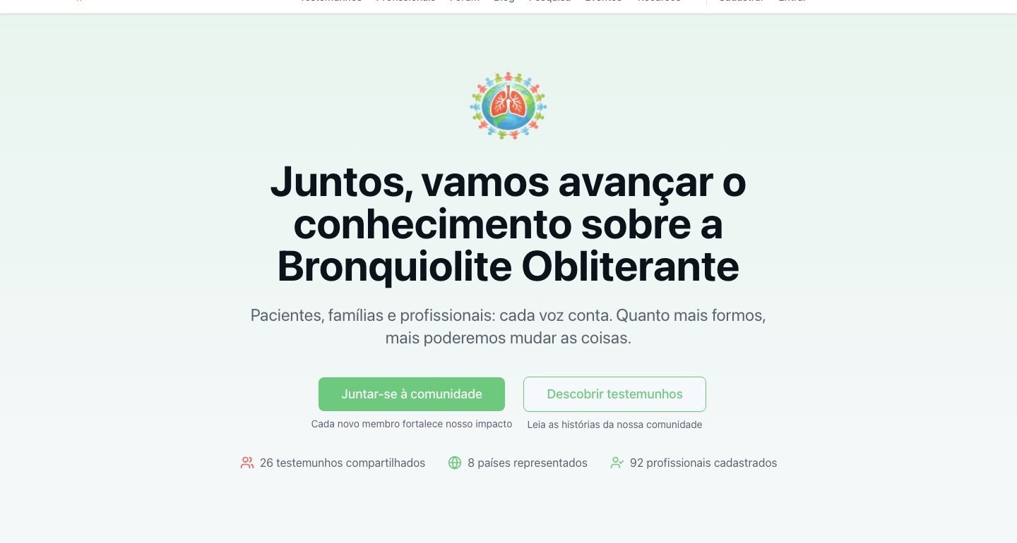Página inicial da BO Community, a comunidade de apoio sobre a bronquiolite obliterante