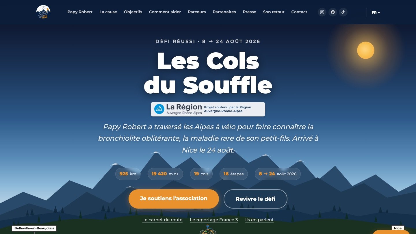 Page d’accueil du site Les Cols du Souffle : défi réussi, 925 km à vélo à travers les Alpes