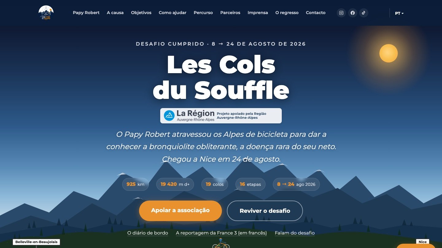Página inicial do site Les Cols du Souffle: desafio cumprido, 925 km de bicicleta pelos Alpes